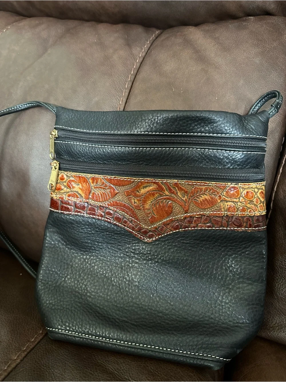 Leather western  Shoulder Bag with Embossed Floral Accent - Black & Orange